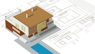 Modern ev mimari projesi çizimi 3D illüstrasyon