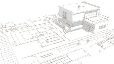Modern ev mimari projesi çizimi 3D illüstrasyon