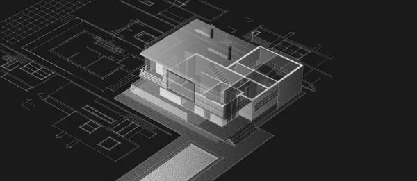 Casa Moderna Projeto Arquitetônico Esboço Ilustração — Fotografia de Stock