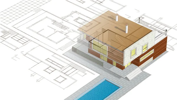 现代房屋建筑草图3D插图 — 图库照片