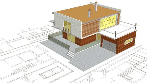 Современный Дом Архитектурный Эскиз Проекта Иллюстрация — стоковое фото