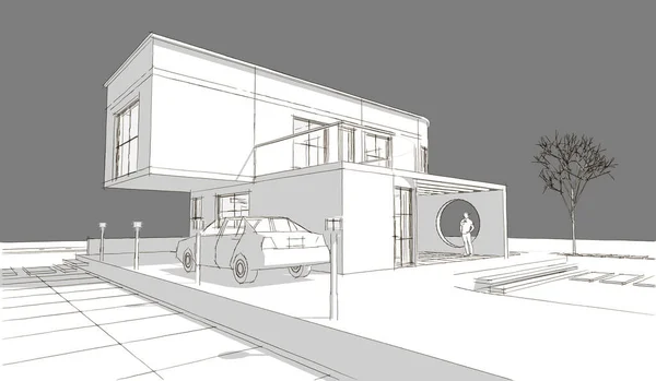 住宅建筑草图3D插图 — 图库照片