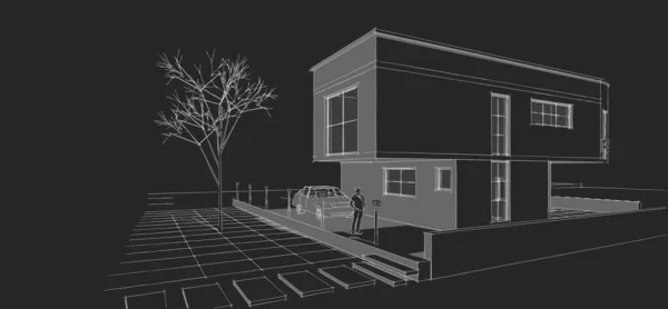 住宅建筑草图3D插图 — 图库照片