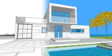 ev mimarisi çizimi 3d illüstrasyon