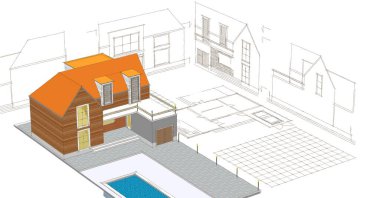 Modern ev mimari projesi çizimi 3D illüstrasyon