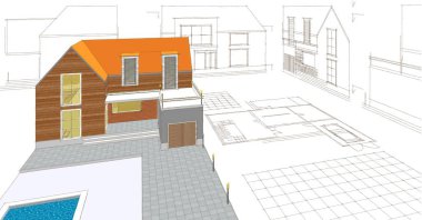 Modern ev mimari projesi çizimi 3D illüstrasyon