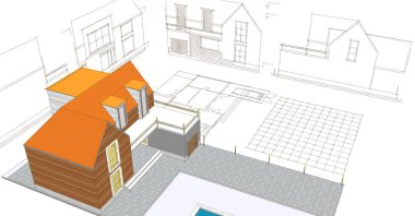 Modern ev mimari projesi çizimi 3D illüstrasyon