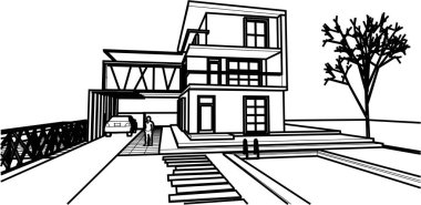 Modern ev mimari projesi çizimi 3D illüstrasyon