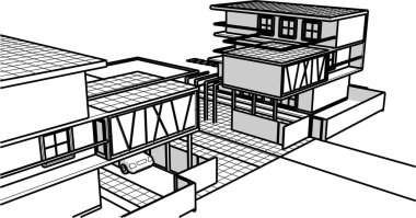 Modern ev mimari projesi çizimi 3D illüstrasyon