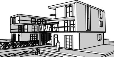 Modern ev mimari projesi çizimi 3D illüstrasyon