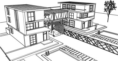 Modern ev mimari projesi çizimi 3D illüstrasyon