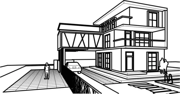 Casa Moderna Proyecto Arquitectónico Bosquejo Ilustración — Vector de stock