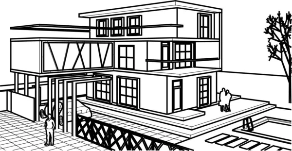 Casa Moderna Projeto Arquitetônico Esboço Ilustração — Vetor de Stock