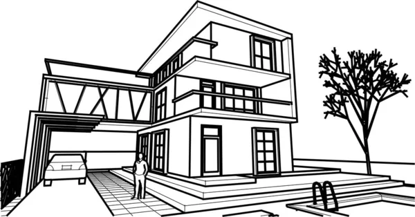 Modern House Architectural Project Sketch Illustration — Stock Vector