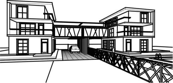 Casa Moderna Proyecto Arquitectónico Bosquejo Ilustración — Archivo Imágenes Vectoriales