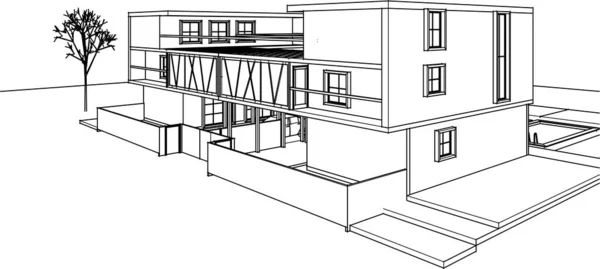 Casa Moderna Proyecto Arquitectónico Bosquejo Ilustración — Vector de stock