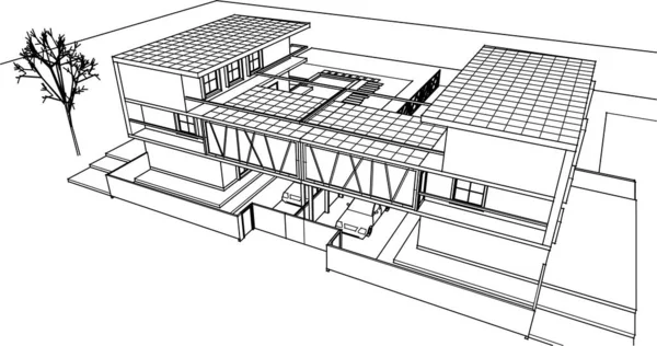 Casa Moderna Projeto Arquitetônico Esboço Ilustração —  Vetores de Stock