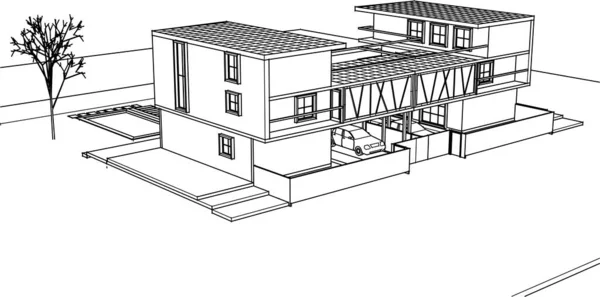 Casa Moderna Proyecto Arquitectónico Bosquejo Ilustración — Vector de stock