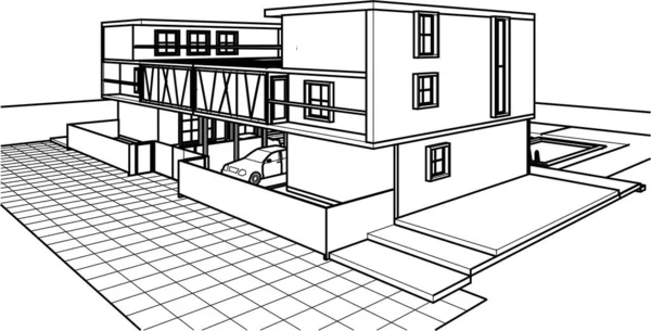 現代住宅建築プロジェクトスケッチ3Dイラスト — ストックベクタ