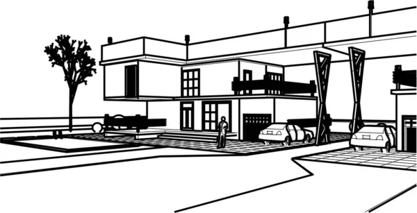 现代房屋建筑草图3D插图 — 图库矢量图片