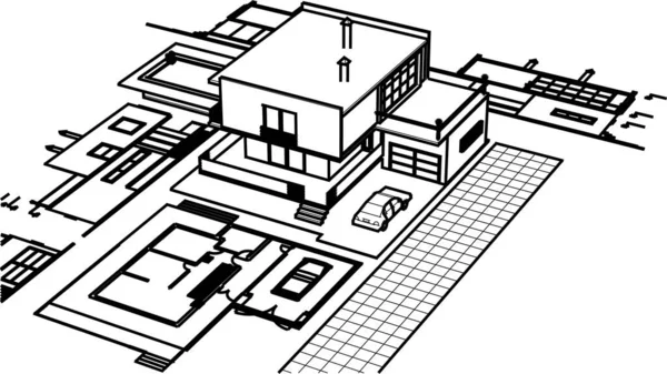 房屋建筑草图3D插图 — 图库矢量图片