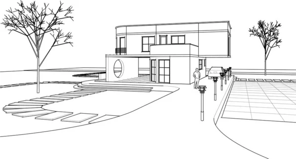 房屋建筑草图3D插图 — 图库矢量图片