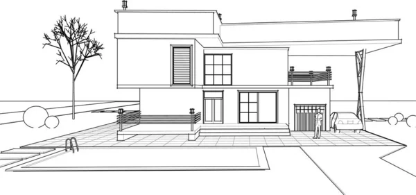 Sketsa Arsitektur Rumah Ilustrasi - Stok Vektor