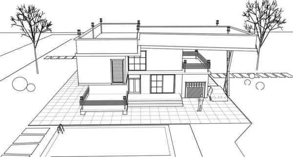 房屋建筑草图3D插图 — 图库矢量图片