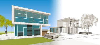 Modern bir evin 3D görüntüsü