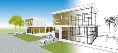 Modern bir evin 3D görüntüsü