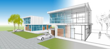 Modern bir evin 3D görüntüsü