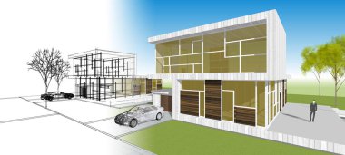 Modern bir evin 3D görüntüsü