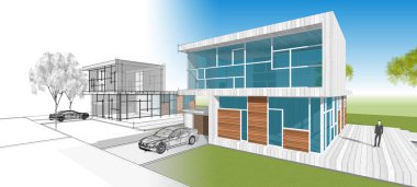 Modern bir evin 3D görüntüsü