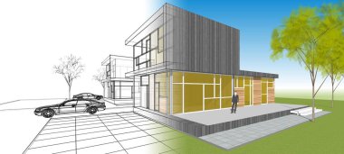 Modern bir evin 3D görüntüsü