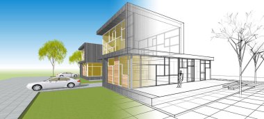 Modern bir evin 3D görüntüsü