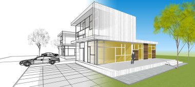 Modern bir evin 3D görüntüsü