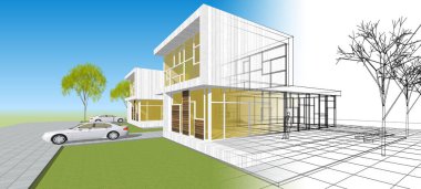 Modern bir evin 3D görüntüsü