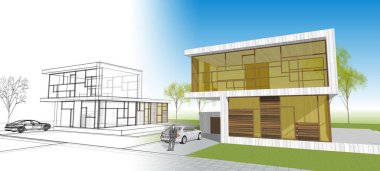 Modern bir evin 3D görüntüsü