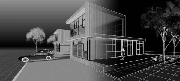 现代房屋的3D渲染 — 图库照片