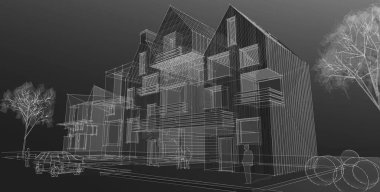 Kasaba mimari projesi çizimi 3D illüstrasyon