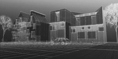 Kasaba mimari projesi çizimi 3D illüstrasyon