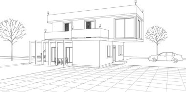 Modern ev mimari projesi çizimi 3D illüstrasyon