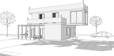 Modern ev mimari projesi çizimi 3D illüstrasyon