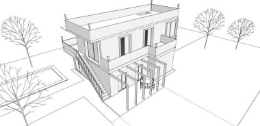 Modern ev mimari projesi çizimi 3D illüstrasyon