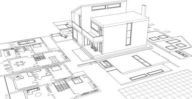 Modern ev mimari projesi çizimi 3D illüstrasyon