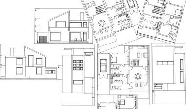 Modern ev mimari projesi çizimi 3D illüstrasyon