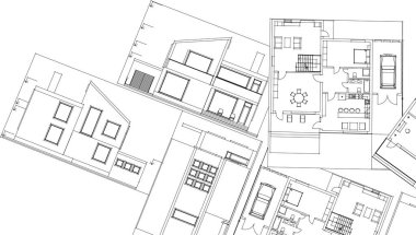 Modern ev mimari projesi çizimi 3D illüstrasyon