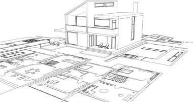 Modern ev mimari projesi çizimi 3D illüstrasyon