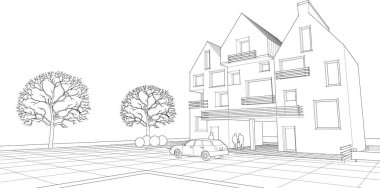 Modern ev mimari projesi çizimi 3D illüstrasyon