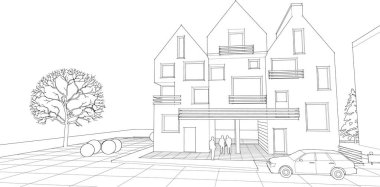 Modern ev mimari projesi çizimi 3D illüstrasyon